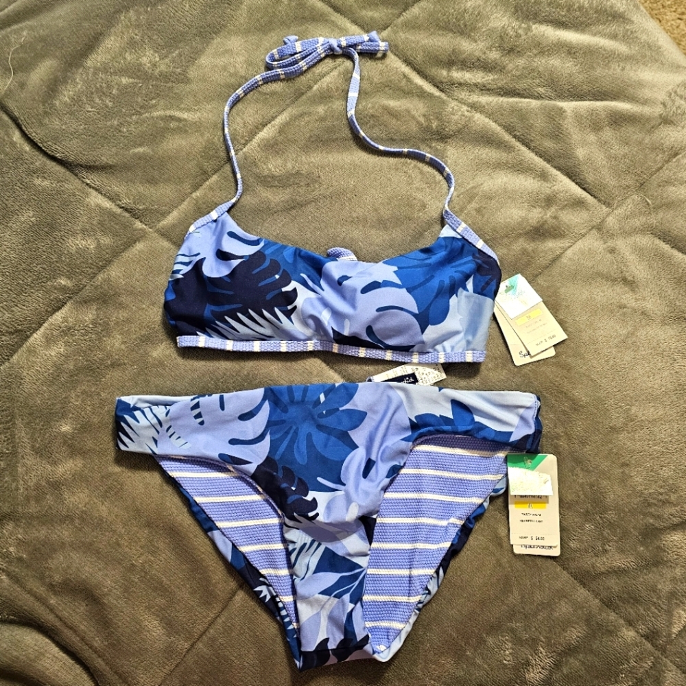 Blue Leaf Print Bikini Set